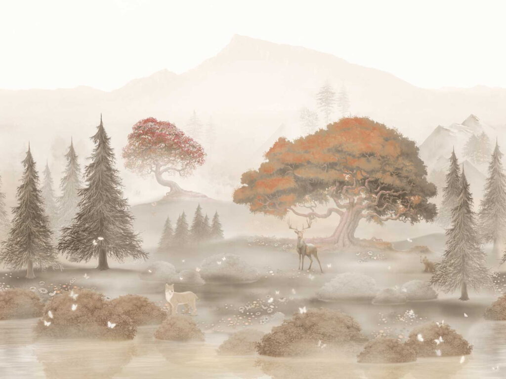 Pintura de un bosque con árboles y montañas Pintura de un bosque con árboles y montañas