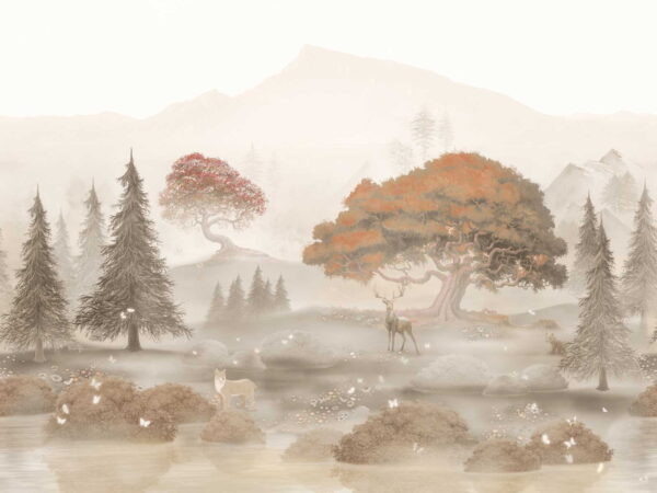 Pintura de un bosque con árboles y montañas Pintura de un bosque con árboles y montañas