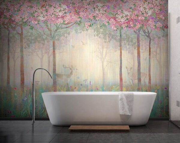 Pintura de un bosque con árboles y flores Pintura de un bosque con árboles y flores