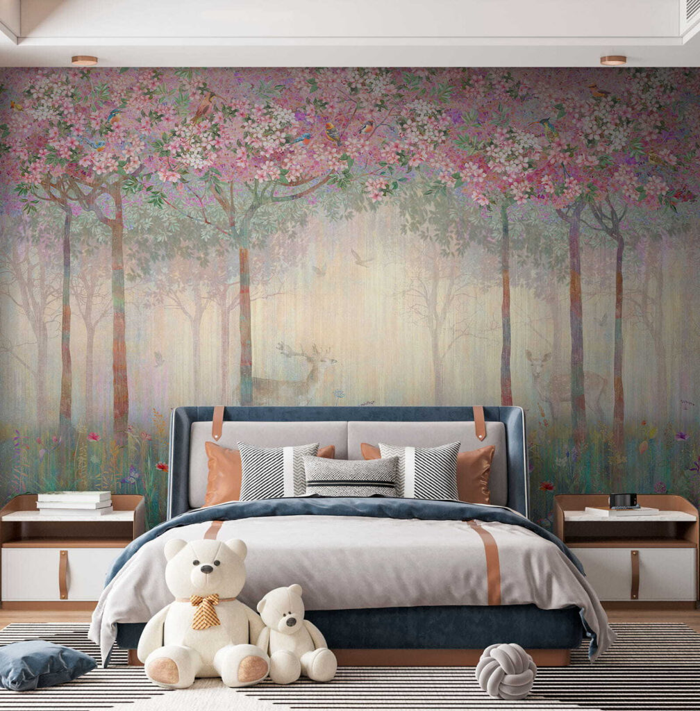 Painting of a forest with trees and flowers