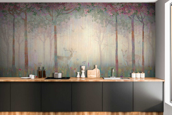 Pintura de un bosque con árboles y flores Pintura de un bosque con árboles y flores