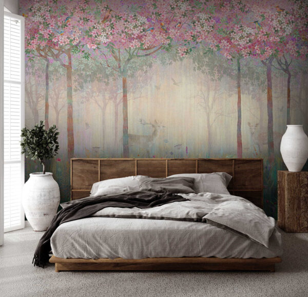 Pintura de un bosque con árboles y flores Pintura de un bosque con árboles y flores