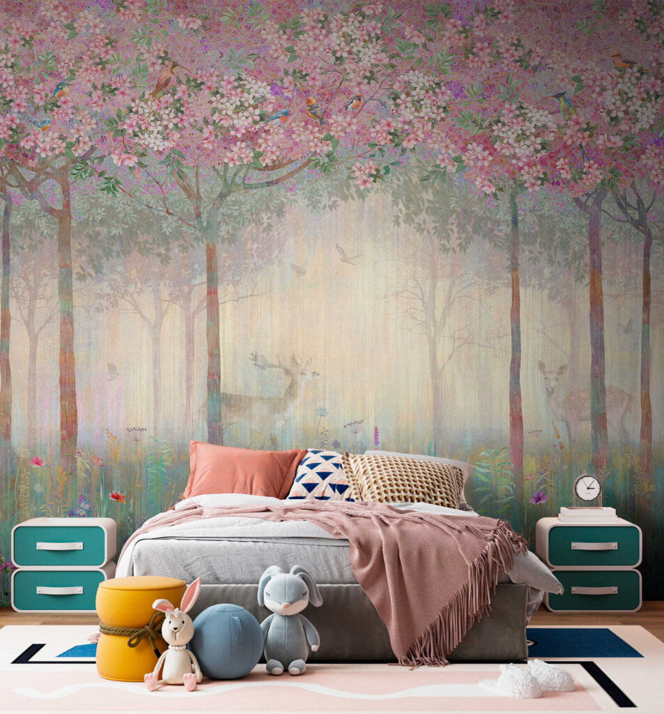 Painting of a forest with trees and flowers