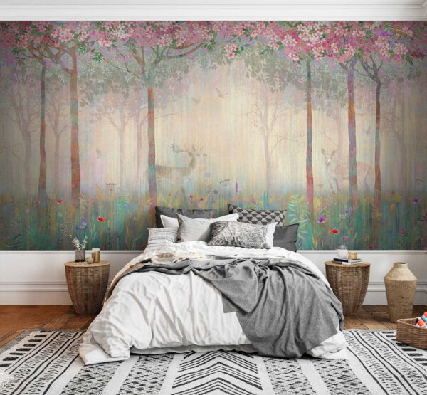 Pintura de un bosque con árboles y flores Pintura de un bosque con árboles y flores