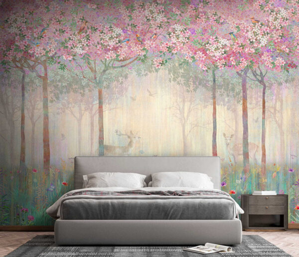 Pintura de un bosque con árboles y flores Pintura de un bosque con árboles y flores