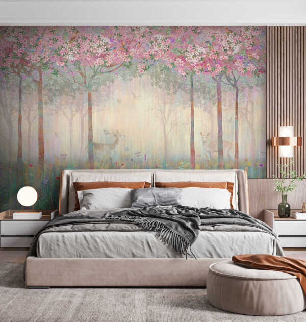 Pintura de un bosque con árboles y flores Pintura de un bosque con árboles y flores
