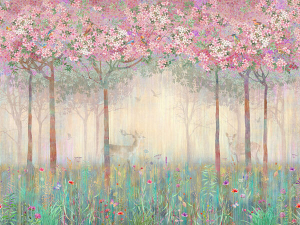 Pintura de un bosque con árboles y flores Pintura de un bosque con árboles y flores