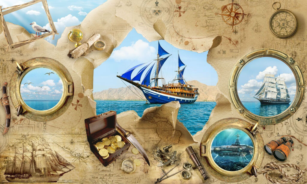 Mapa del tesoro pirata con un barco en el agua Mapa del tesoro pirata con un barco en el agua