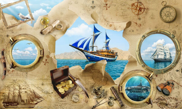 Mapa del tesoro pirata con un barco en el agua Mapa del tesoro pirata con un barco en el agua