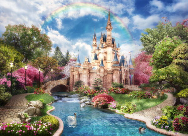 Castillo con estanque y arco iris Castillo con estanque y arco iris