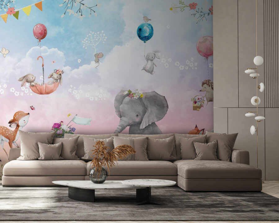 Mural de animales y globos