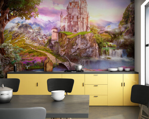 Castillo en un acantilado con una cascada y un puente Castillo en un acantilado con una cascada y un puente