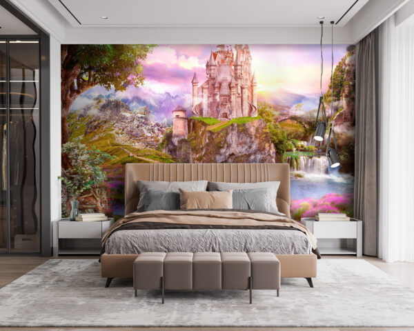 Castillo en un acantilado con una cascada y un puente Castillo en un acantilado con una cascada y un puente