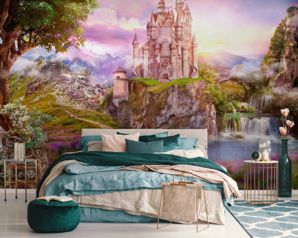Castillo en un acantilado con una cascada y un puente Castillo en un acantilado con una cascada y un puente