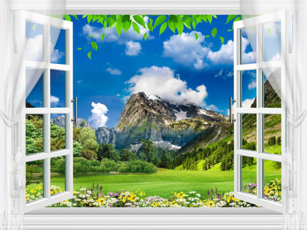 Ventana con vistas a una cadena montañosa y árboles Ventana con vistas a una cadena montañosa y árboles