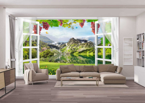 Ventana con vistas a un lago y a las montañas Ventana con vistas a un lago y a las montañas