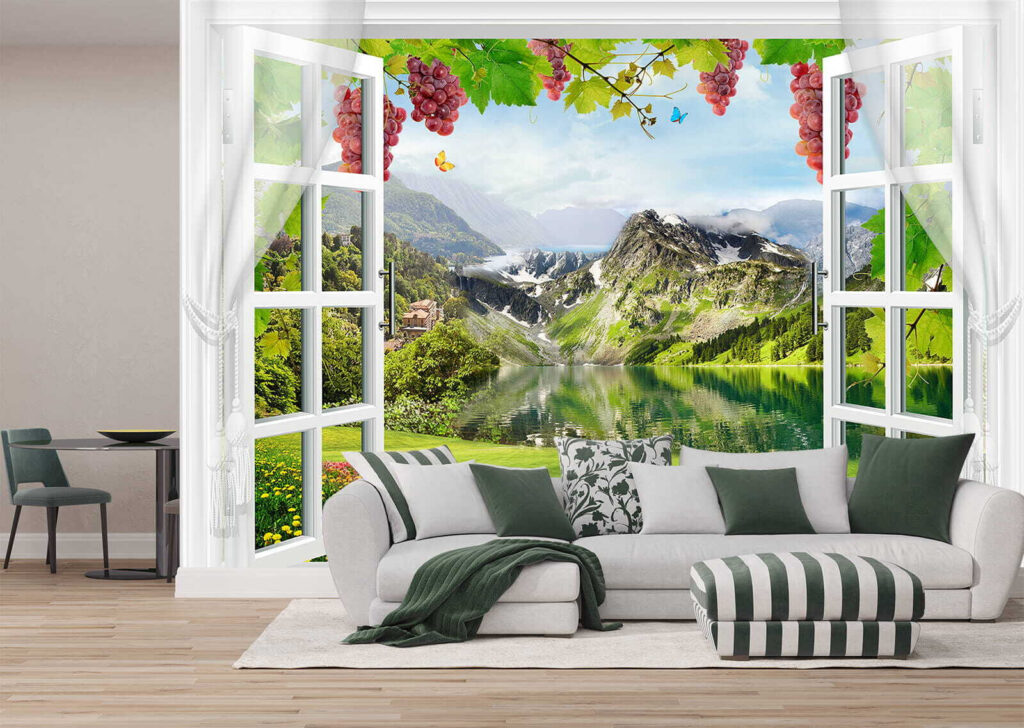 Window with a view of a lake and mountains