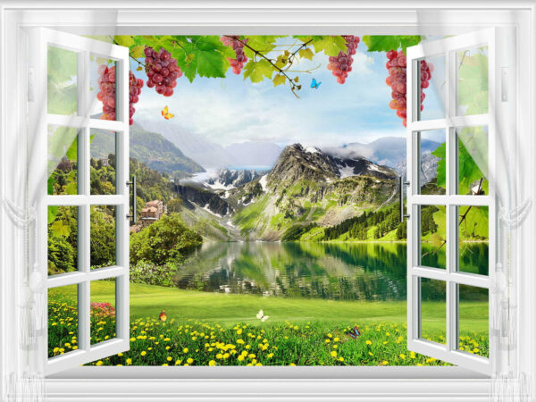 Ventana con vistas a un lago y a las montañas Ventana con vistas a un lago y a las montañas
