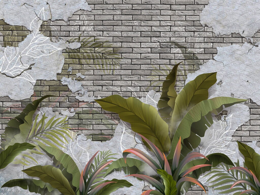 Pared de ladrillos con hojas y un muro de ladrillos Pared de ladrillos con hojas y un muro de ladrillos
