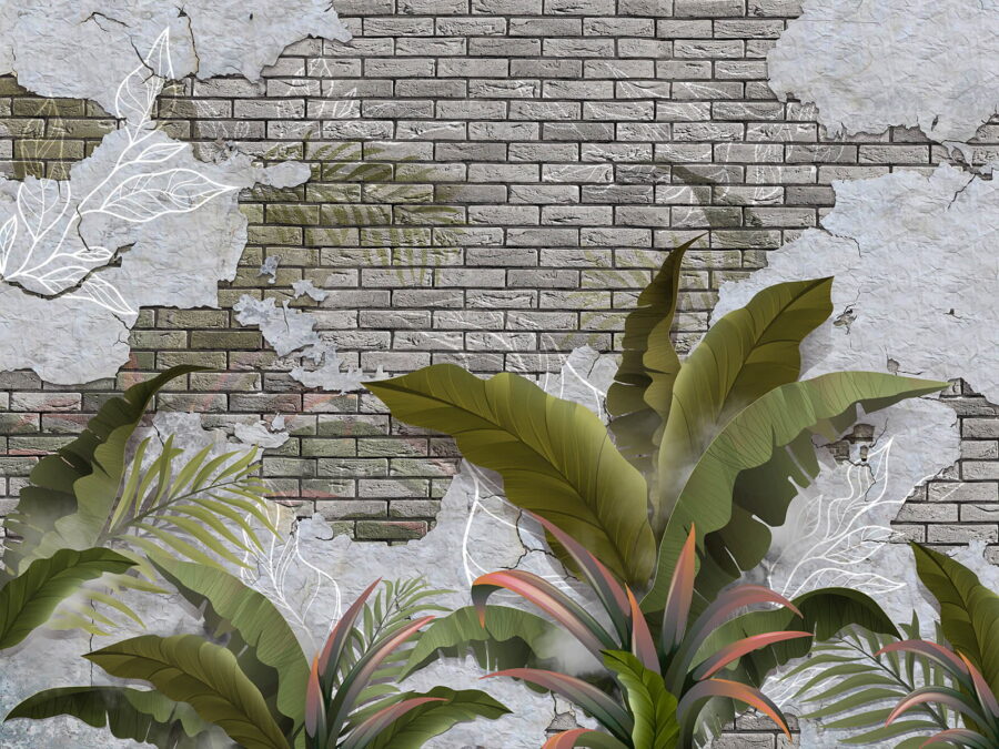 Pared de ladrillos con hojas y un muro de ladrillos