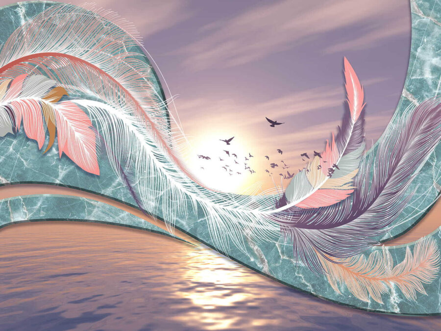 Plumas de colores y pájaros volando sobre el agua