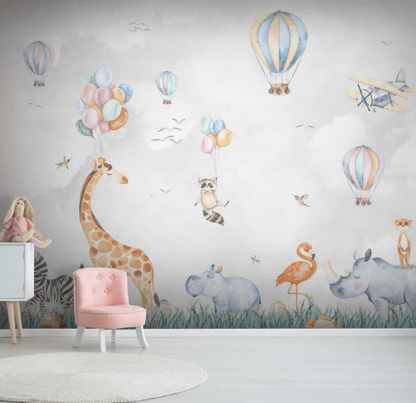 Mural de animales y globos Mural de animales y globos