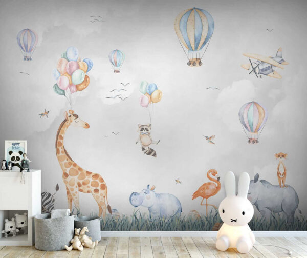 Mural de animales y globos Mural de animales y globos
