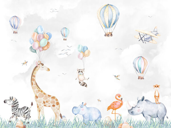 Mural de animales y globos Mural de animales y globos