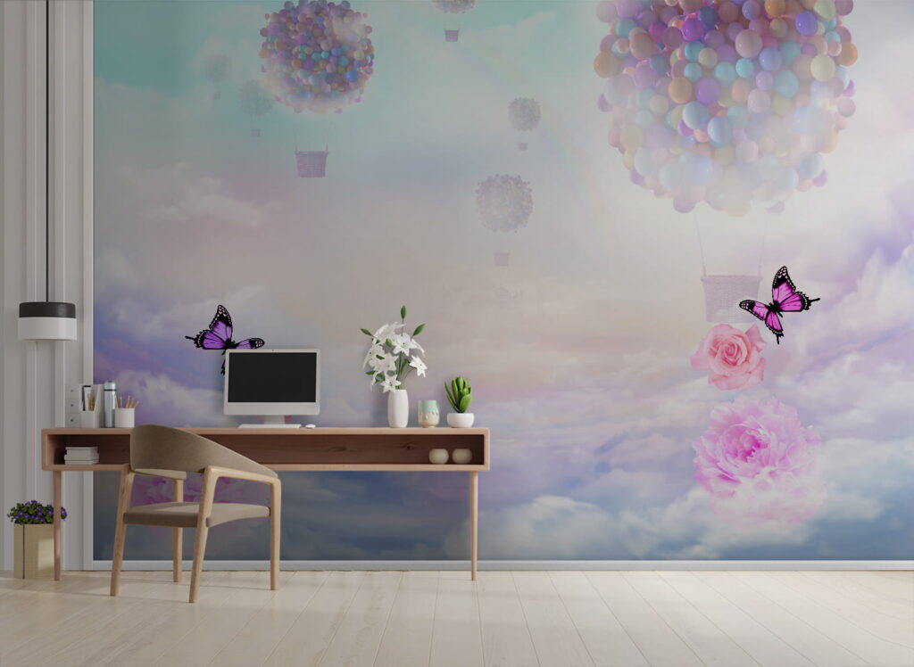 Group of balloons and butterflies in the sky