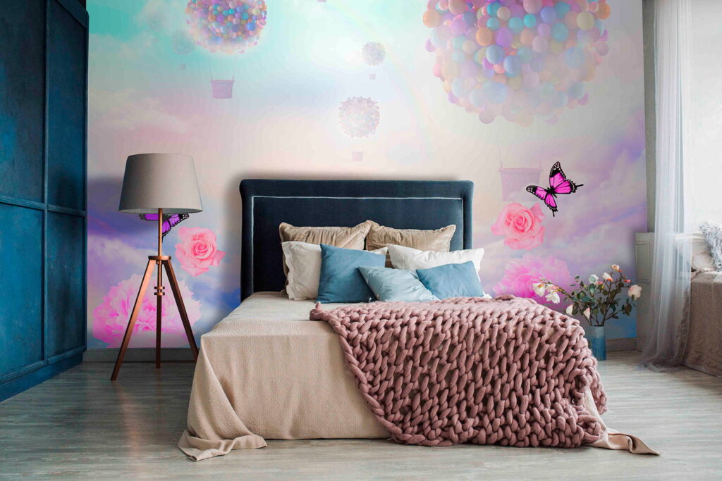 Group of balloons and butterflies in the sky