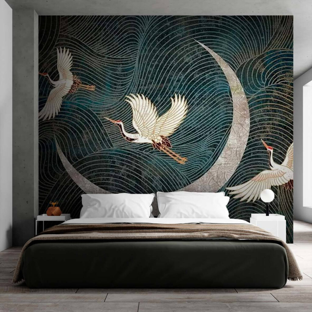 Painting of birds flying over a crescent moon