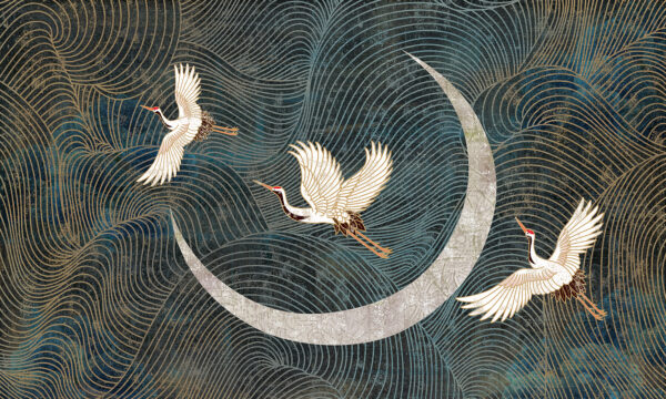 Pintura de pájaros volando sobre una luna creciente Pintura de pájaros volando sobre una luna creciente