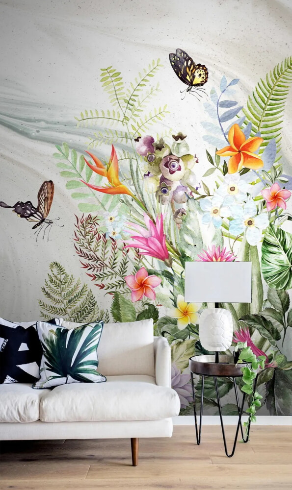 Fotomurales Fotomurales Pintura de flores y mariposas (SKU: u59350)