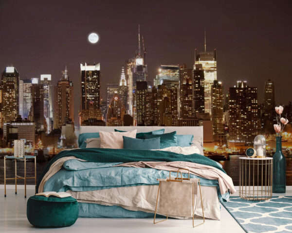 El horizonte de la ciudad de noche con la luna en el cielo El horizonte de la ciudad de noche con la luna en el cielo