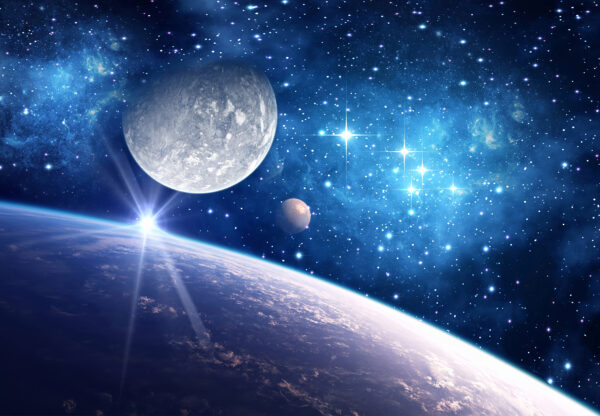 Planeta y luna en el espacio Planeta y luna en el espacio