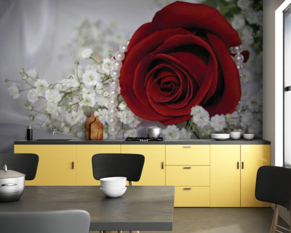 Fotomurales Fotomurales Rosa roja y flores blancas (SKU: u57071)