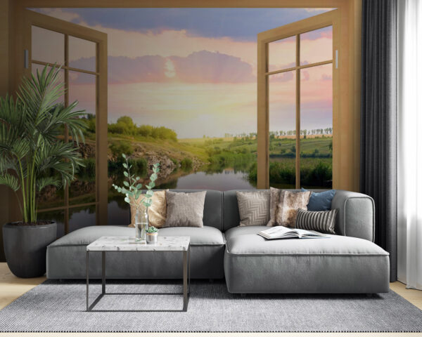 Fotomurales Fotomurales Ventana con vistas a un río y a una colina cubierta de hierba (SKU: u57052)