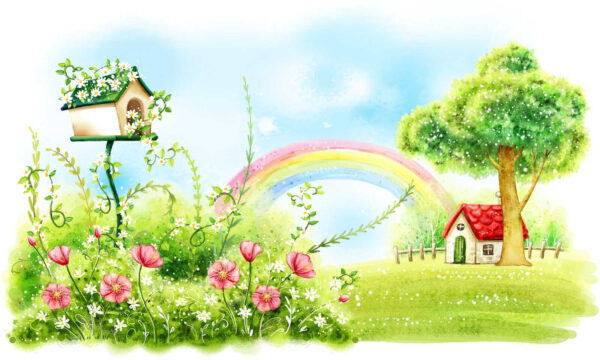 Arco iris y flores en un campo verde Arco iris y flores en un campo verde