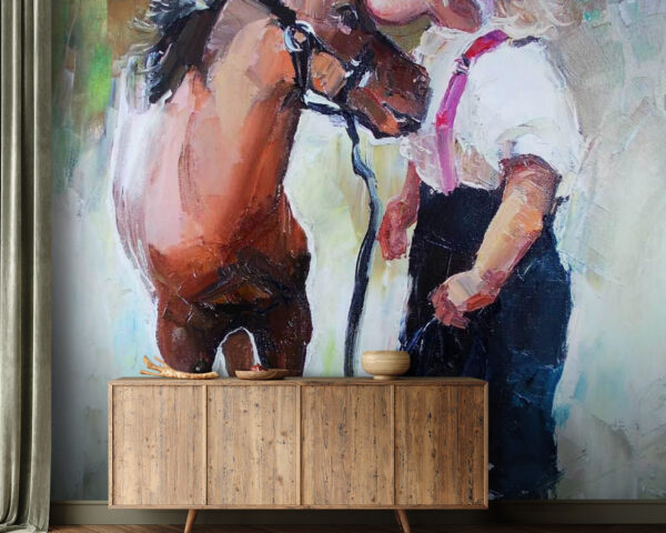 Pintura de una chica besando a un caballo