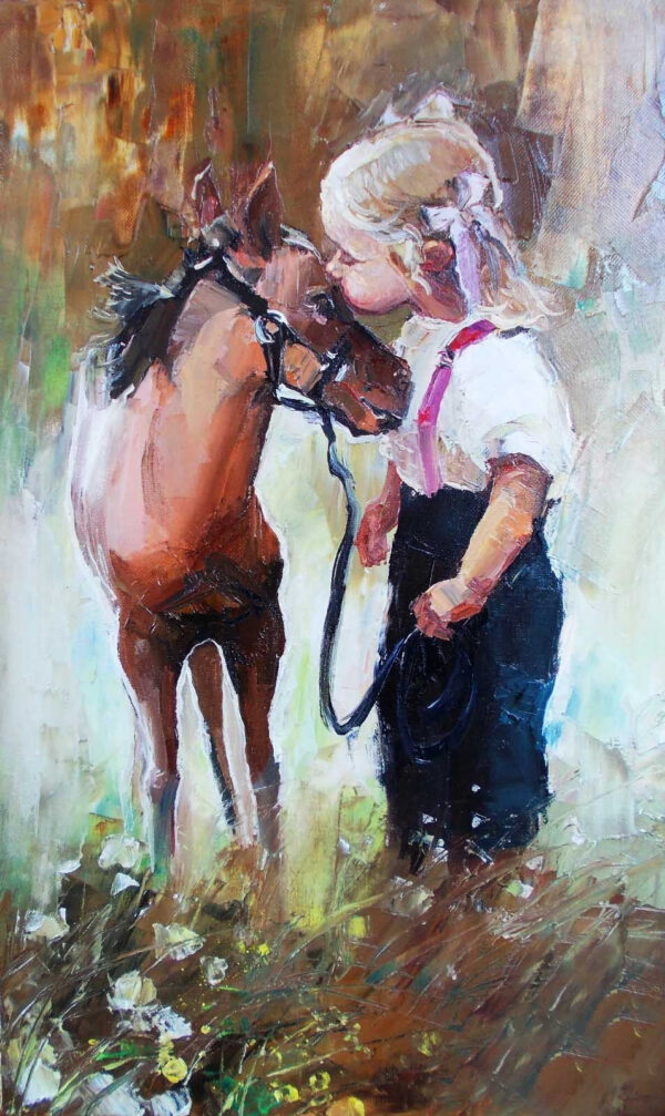Pintura de una chica besando a un caballo Pintura de una chica besando a un caballo