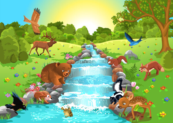 Dibujo animado de animales en un arroyo Dibujo animado de animales en un arroyo