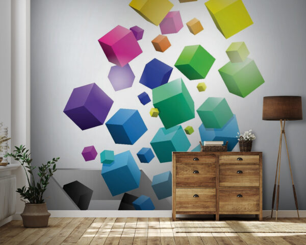 Cubos de colores cayendo en una caja Cubos de colores cayendo en una caja