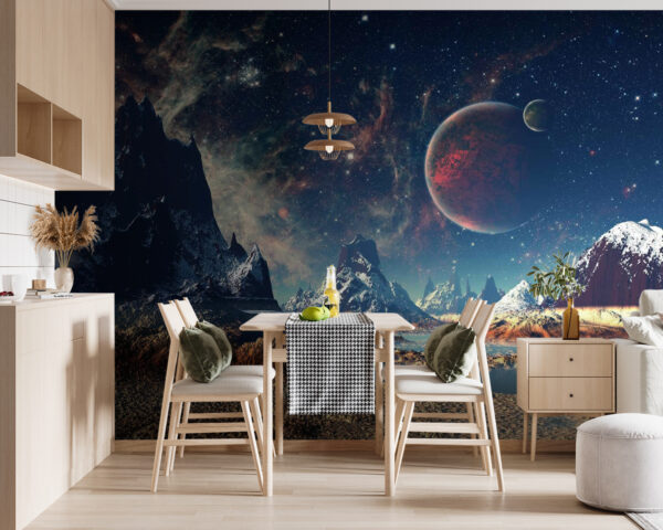 Paisaje de montañas y agua con planetas y estrellas Paisaje de montañas y agua con planetas y estrellas