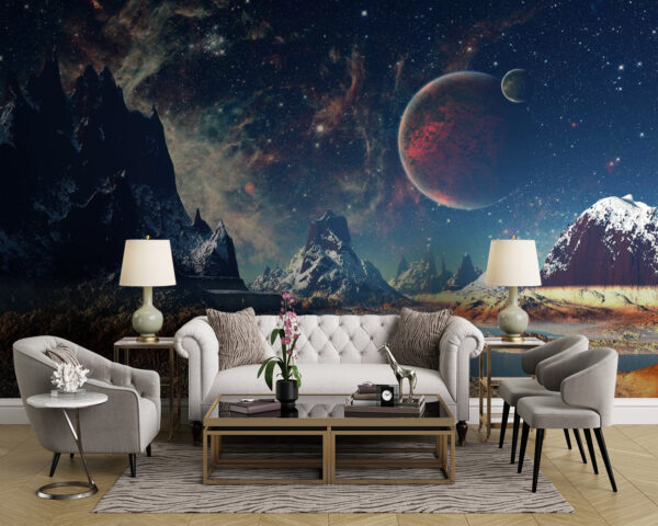 Paisaje de montañas y agua con planetas y estrellas Paisaje de montañas y agua con planetas y estrellas