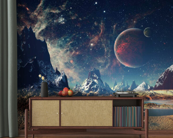 Paisaje de montañas y agua con planetas y estrellas Paisaje de montañas y agua con planetas y estrellas