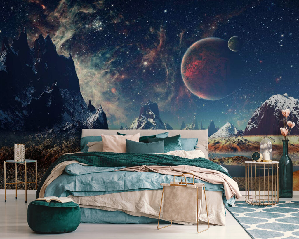 Landscape of mountains and water with planets and stars