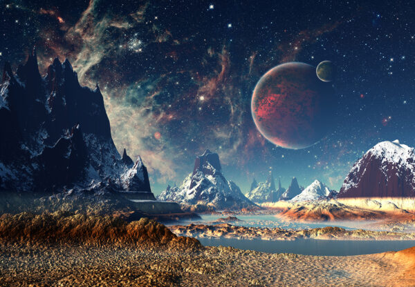 Paisaje de montañas y agua con planetas y estrellas Paisaje de montañas y agua con planetas y estrellas