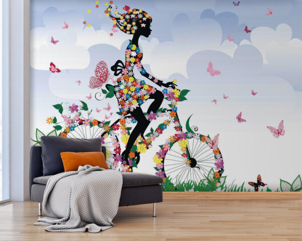 Fotomurales Fotomurales Mujer en bicicleta con flores (SKU: u55195)