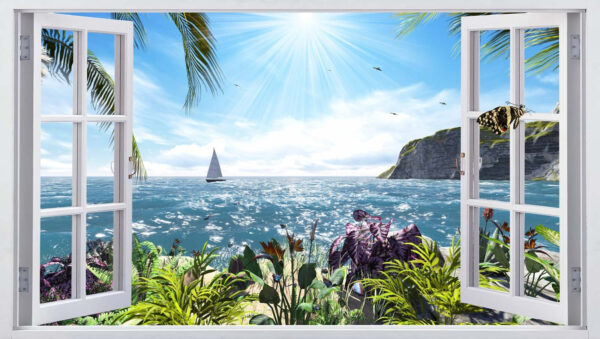 Ventana con vistas al océano y a un velero Ventana con vistas al océano y a un velero