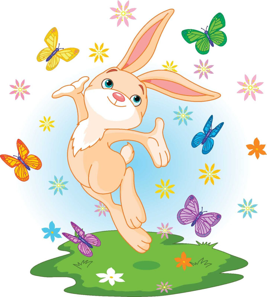 Dibujo animado de un conejo saltando en el aire con mariposas Dibujo animado de un conejo saltando en el aire con mariposas